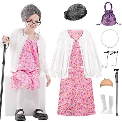 Picture of Aimeiar Kids 100 Days of School Costume for Girls,Halloween Old Lady Costume wig cardigan sweater and Granny Grandma Set for Child
