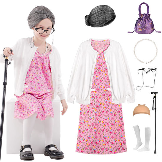 Picture of Aimeiar Kids 100 Days of School Costume for Girls,Halloween Old Lady Costume wig cardigan sweater and Granny Grandma Set for Child