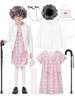 Picture of FancyFun 8 Pcs Old Lady Costume for Kids, Girls 100 Days of School Costume Granny Grandma Wig Dress Glasses Cane Accessories Set D 5-7Y