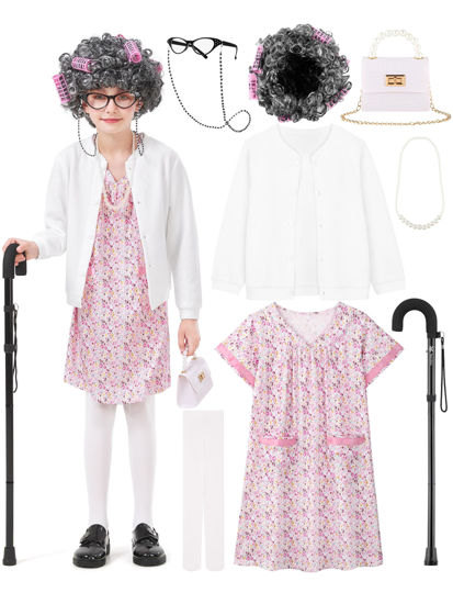 Picture of FancyFun 8 Pcs Old Lady Costume for Kids, Girls 100 Days of School Costume Granny Grandma Wig Dress Glasses Cane Accessories Set D 5-7Y