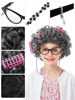 Picture of FancyFun 8 Pcs Old Lady Costume for Kids, Girls 100 Days of School Costume Granny Grandma Wig Dress Glasses Cane Accessories Set D 5-7Y