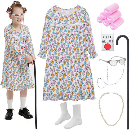 Picture of Z-Shop Old Lady Costume for Girls 100 Days of School Costume Grandma Granny Nightgown for Kids,6