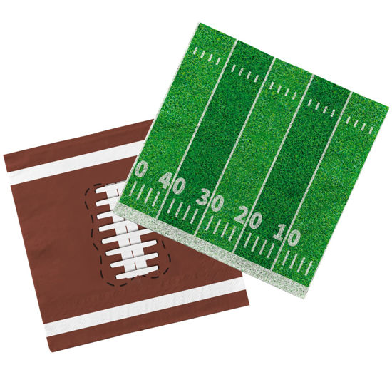 Picture of Football Birthday Party Supplies Disposable Paper Cocktail Napkins for Tailgate Party Decorations, Assorted 40 Pack Football Field Design and 40 Pack of football Pattern, Total 80 Pack