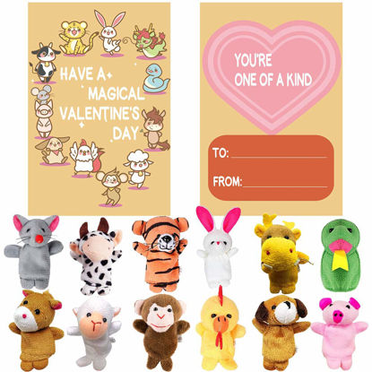 Picture of 12 Pack Plush Animal Finger Puppet Toy with Valentine's Greeting Cards, Valentine School Classroom Prize Party Favor Toys, Valentine Gift Exchange