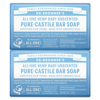 Picture of Dr. Bronner's Pure-Castile Baby Unscented Bar Soap - Made with Regenerative Organic Certified Oils - For Face, Hand, Hair Gentle on Sensitive Skin- Bar Soap for Men & Women -2 pack, 10oz