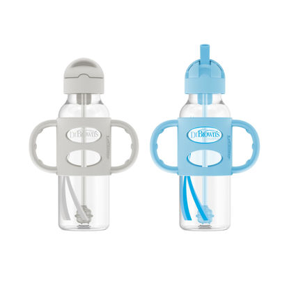 Picture of Dr. Brown's Milestones Narrow Sippy Straw Bottle, Spill-Proof with 100% Silicone Handles and Weighted Straw, 8 oz/250 mL, Gray & Blue, 6m+