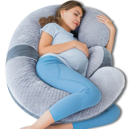 Picture of QUEEN ROSE Pregnancy Pillows, E Shaped Full Body Pillow for Sleeping, with Pregnancy Wedge Pillow for Belly Support, 60 Inch Maternity Pillow for Side Sleeper, Grey Bubble Velvet