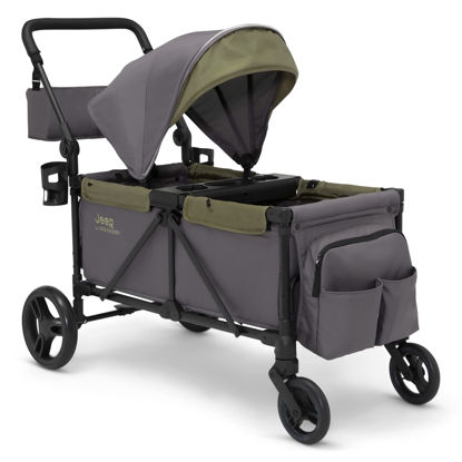 Picture of Jeep Sport All-Terrain Stroller Wagon by Delta Children - Includes Canopy, Parent Organizer, Adjustable Handlebar, Snack Tray & Cup Holders, Grey/Olive Green