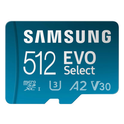 Picture of SAMSUNG EVO Select microSDMemory Card + Adapter, 512GB microSDXC, Up-to 160 MB/s, 4K UHD, UHS-I, C10, U3, V30, A2, for Mobile Phone, Smartphones, Nintendo-Switch, and Tablets (MB-ME512SA/AM)