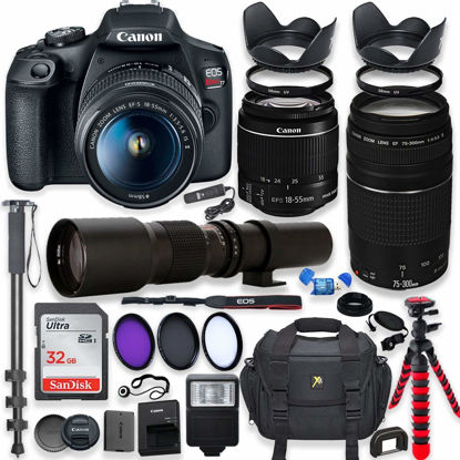 Picture of Canon EOS Rebel T7 DSLR Camera with 18-55mm is II Lens + Canon EF 75-300mm f/4-5.6 III Lens and 500mm Preset Lens + 32GB Memory + Filters + Monopod + Professional Bundle (Renewed)