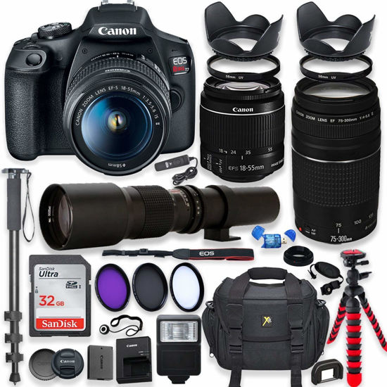 Picture of Canon EOS Rebel T7 DSLR Camera with 18-55mm is II Lens + Canon EF 75-300mm f/4-5.6 III Lens and 500mm Preset Lens + 32GB Memory + Filters + Monopod + Professional Bundle (Renewed)