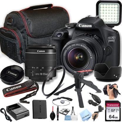 Picture of Canon EOS 2000D / Rebel T7 DSLR Camera w/EF-S 18-55mm F/3.5-5.6 Zoom Lens + 64GB Memory, LED Video Light, Case, Gripster Tripod, and More (Essential Bundle) (Renewed)