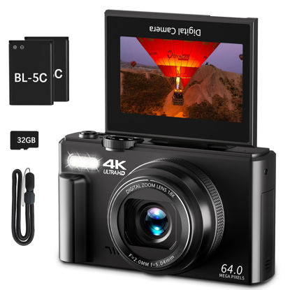Picture of 4K Digital Camera for Photography, 64MP Vlogging Camera for YouTube with 3" 180° Flip Screen, 18X Digital Zoom Point and Shoot Camera with 32GB Micro SD Card for Beginner (Black)