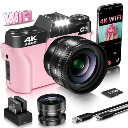 Picture of VJIANGER 4K Vlogging Camera for YouTube 56MP Digital Camera for Photography and Video with 180°Flip Screen, 16X Digital Zoom, 52mm Wide Angle & Macro Lens, 32GB Micro SD Card, 2 Batteries(Pink)