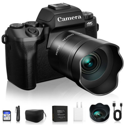 Picture of Digital Cameras for Photography, NIKICAM 4K 64MP WiFi Vlogging Camera for YouTube with Dual Camera, 4" Touch Screen Compact Camera with Flash, 32GB SD Card, Lens Hood & 3000mAH Battery-Black