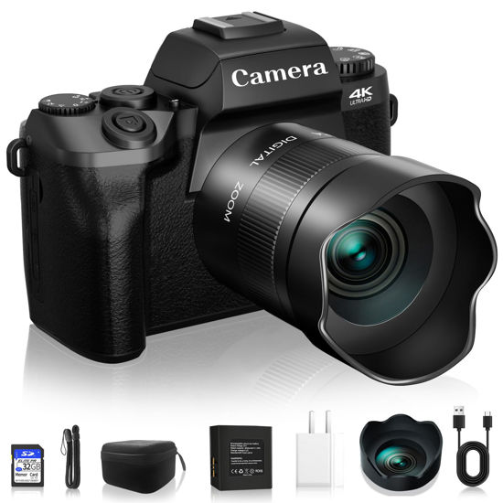 Picture of Digital Cameras for Photography, NIKICAM 4K 64MP WiFi Vlogging Camera for YouTube with Dual Camera, 4" Touch Screen Compact Camera with Flash, 32GB SD Card, Lens Hood & 3000mAH Battery-Black