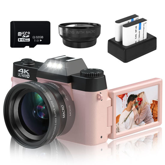 Picture of VETEK Digital Cameras for Photography, 4K 48MP Vlogging Camera 16X Digital Zoom Manual Focus Students Compact Camera with 52mm Wide-Angle Lens & Macro Lens, 32G Micro Card and 2 Batteries (Pink)