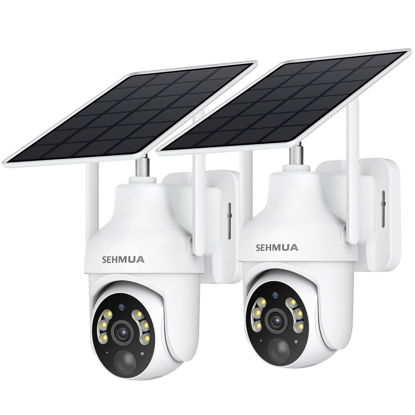 Picture of SEHMUA 2K Solar Security Cameras Wireless Outdoor, 2 Pack 360° View Pan/Tilt WiFi Security Camera Outside with Color Night Vision,Easy to Install, PIR Alarm, 2-Way Audio