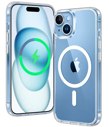 Picture of FNTCASE for iPhone 15 Case: Support Magnetic Charging Military Grade Drop Protection Anti Yellowing Cell Phone Cover - Rugged Sturdy Shockproof Protective Bumper - 6.1 Inch (Clear)