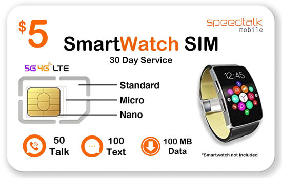 Picture of SpeedTalk Mobile $5 Prepaid Smart Watch SIM Card Kit for 5G 4G LTE Smartwatch, Wearables | Triple Cut 3 in 1 Simcard - Standard Micro Nano | No Contract | USA Coverage 30 Days Service