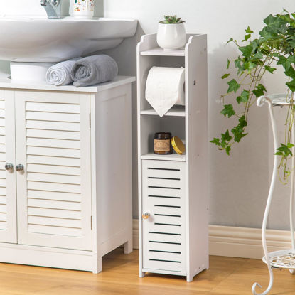 Picture of AOJEZOR Toilet Paper Holder Stand: Bathroom Storage Cabinet Beside Toilet for Small Space Bathroom with Toilet Roll Holder - White