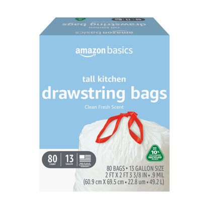 Picture of Amazon Basics - Tall Kitchen Trash Bags, 13 Gallon, 10% Post Consumer Recycled Content, Clean Fresh Scent, 80 Count, Pack of 1