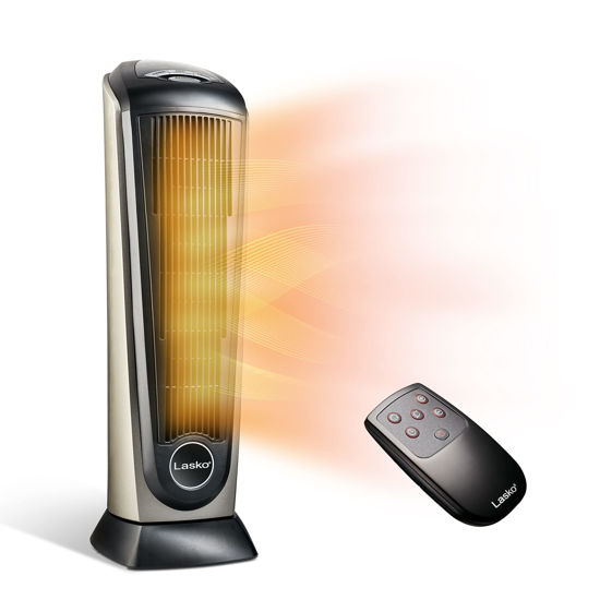 Picture of Lasko Oscillating Ceramic Tower Space Heater for Home with Adjustable Thermostat, Timer and Remote Control, 22.5 Inches, Grey/Black, 1500W, 751320