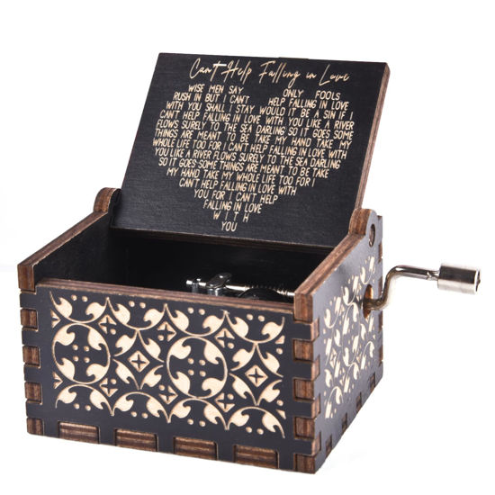 Picture of Can't Help Falling in Love Wood Music Box, Antique Engraved Musical Boxes Case for Love One Wooden Music Box - Gifts for Lover, Boyfriend, Girlfriend, Husband, Wife (BLACK)