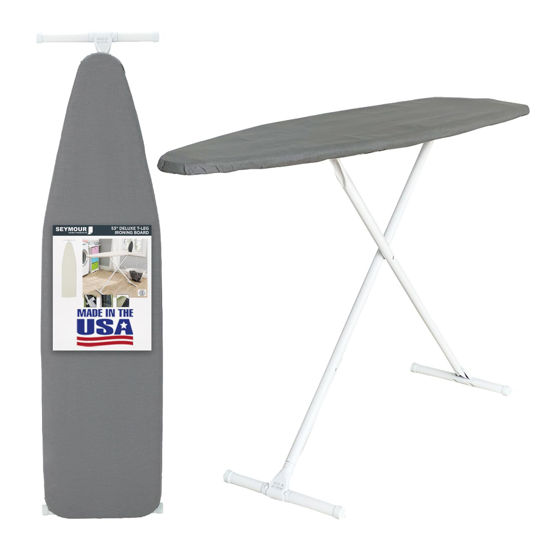 Picture of Ironing Board Full Size; Made in USA by Seymour Home Products (Solid Grey) Bundle Includes Cover + Pad | Iron Board w/Steel T-Legs Adjustable Tabletop up to 35" High; Perforated Top for Steam Flow