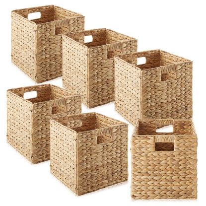 Picture of Casafield 10.5" x 10.5" Water Hyacinth Storage Baskets, Natural - Set of 6 Collapsible Cube Organizers, Woven Bins for Bathroom, Bedroom, Laundry, Pantry, Shelves