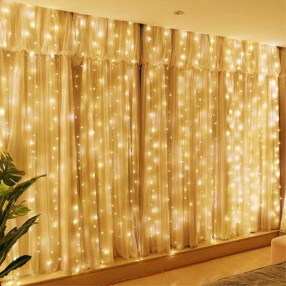 Picture of HXWEIYE 300LED Fairy Curtain Lights, 9.8x9.8Ft Warm White USB Plug in 8 Modes Christmas String Hanging Lights with Remote for Bedroom, Indoor, Outdoor, Weddings, Party