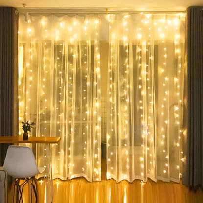Picture of Dazzle Bright Curtain String Lights, 300 LED 9.8ft x9.8ft Warm White Fairy Lights with 8 Lighting Modes, Waterproof Lights for Bedroom Christmas Party Wedding Home Garden Wall Decor