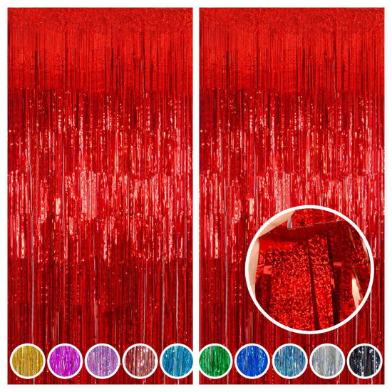 Picture of Melsan 2 Pack Red Tinsel Foil Fringe Curtains Backdrop, Sparkle Tinsel Backdrop Curtains for Valentines Day Birthday Party Decorations