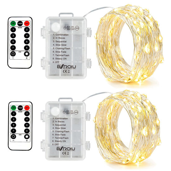 Picture of BXROIU 2 x Fairy Lights Battery Operated,Silver Wire Chains 8 Mode 16Ft/5Meter 50 LEDs Timer String Lights with Remote Control for Bedroom Christmas Party Wedding Decoration(Warm White)