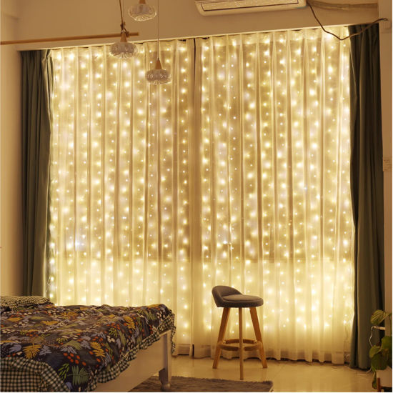 Picture of ZSJWL 300 LED Curtain Fairy Lights with Remote, 8 Modes 9.8 × 9.8 Ft, USB Plug in Copper Wire String Lights for Bedroom Window Chrismas Wedding Party, Warm White