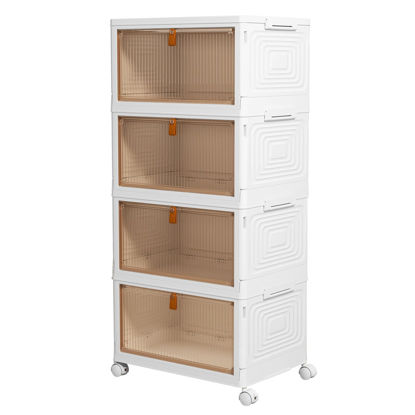 Picture of 4 Tier Plastic Storage Bins with Lid 23QT, Stackable Storage Containers with Wheels, Folding Storage Boxes, Stackable Storage Bins, Closet Organizers and Storage for Living Room,Office,Dorm