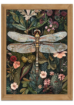 Picture of Framed Vintage 3D Textured Wall Art - Dark Green Dragonfly Flowers Wall Decor - Hand Drawn Sandstone Nature Botanical Pictures for Living Room Bedroom Home Decor 12x16in