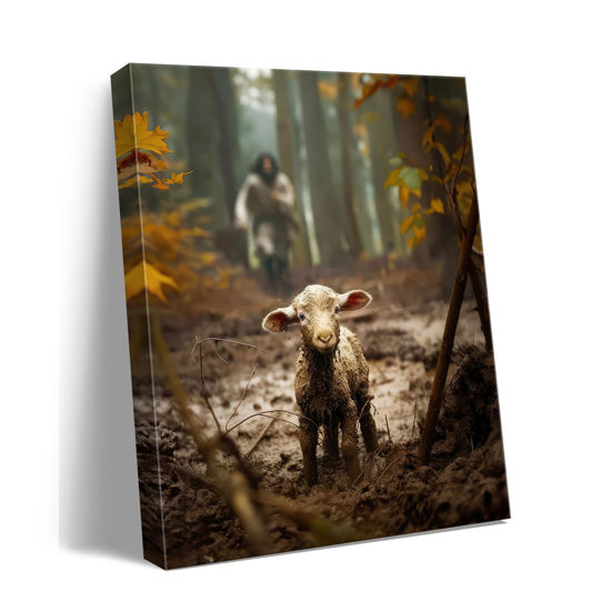Picture of Jesus wall art decor Christian wall art,Jesus and Lamb Canvas Wall Art Jesus Running After Lost Lamb Picture Wall Art Canvas Print Christian Lamb of God Home Decor Jesus Saves the Lamb a lost lamb