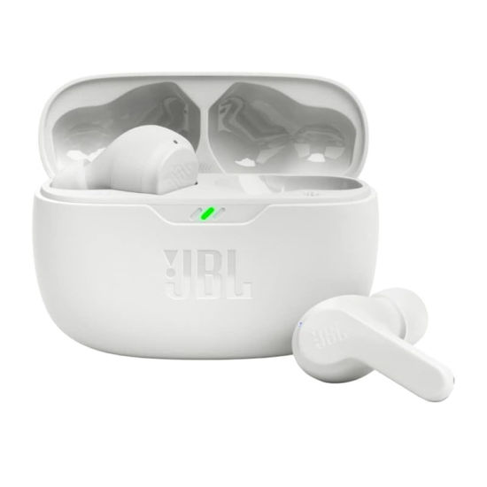 Picture of JBL Vibe Beam - True Wireless JBL Deep Bass Sound Earbuds, Bluetooth 5.2, Water & Dust Resistant, Hands-free call with VoiceAware, Up to 32 hours of battery life (White)