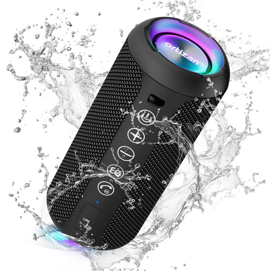 Picture of Ortizan Portable Bluetooth Speaker: IPX7 Waterproof, 24W Loud Sound, Deep Bass, Bluetooth 5.3, LED Lights, Wireless Stereo Pairing, 30H Playtime, for Home/Outdoor/Party/Beach, Birthday Gift (Black)