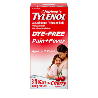 Picture of Tylenol Children's Liquid Pain Relief & Fever Medicine, Oral Suspension, Dye-Free, Acetaminophen, Aspirin-Free, Ibuprofen-Free, High Fructose Corn Syrup-Free; Cherry Flavor, 8 fl. oz.; Pack of 1