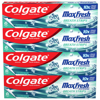 Picture of Colgate Max Fresh Whitening Toothpaste with Mini Strips, Clean Mint Toothpaste for Bad Breath, Helps Fight Cavities, Whitens Teeth, and Freshens Breath, 6.3 Ounce (Pack of 4)