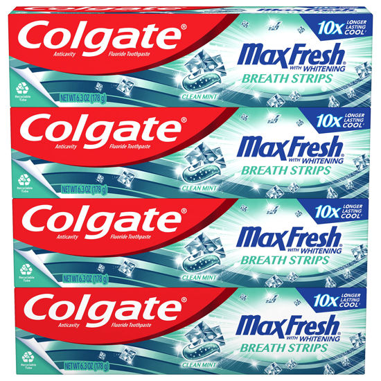 Picture of Colgate Max Fresh Whitening Toothpaste with Mini Strips, Clean Mint Toothpaste for Bad Breath, Helps Fight Cavities, Whitens Teeth, and Freshens Breath, 6.3 Ounce (Pack of 4)