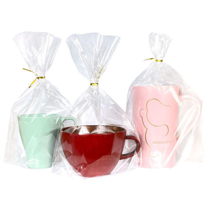 Picture of PigPotParty 8"x 11", 50Pcs Bottom Gusset Bags, Clear Cello Cellophane Treat Goodie Bags with 50x Twist Ties, Party Favor Packaging, Gift Mug Wrapping, Food Storage(No Side Gusset)