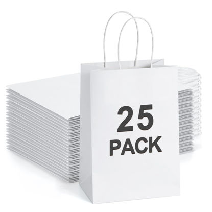 Picture of BagDream Kraft Gift Paper Bags 25Pcs 5.25x3x8 Inches Small Paper Gift Bags White Paper Bags with Handles Paper Shopping Bags Party Favor Bags 100% Recyclable Kraft Paper Bags Sacks