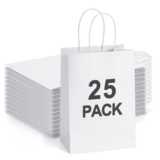 Picture of BagDream Kraft Gift Paper Bags 25Pcs 5.25x3x8 Inches Small Paper Gift Bags White Paper Bags with Handles Paper Shopping Bags Party Favor Bags 100% Recyclable Kraft Paper Bags Sacks