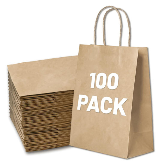 Picture of Gift Bags 8.25"X5.9 "X3.15" 100pcs Brown Paper Bags with Handles,Kraft Paper Bags for Small Business Christmas Bulk Bags, Wedding Party Favor Bags,Shopping Lunch Bags, Halloween Trick-or-Treat (Brown)
