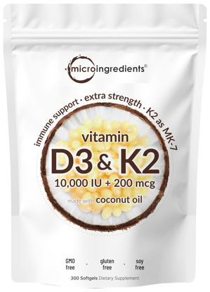 Picture of Vitamin D3 10000 iu Plus K2 (MK-7) 200 mcg, 300 Virgin Coconut Oil Softgels| 2 in 1 Vitamins D & K Complex | Supports Calcium Absorption, Bone, Immune, & Heart Health - Easy to Swallow