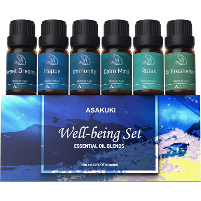 Picture of ASAKUKI Essential Oil Blends, Essential Oils Set for Diffusers for Home, Well-Being Kit- Calming, Dreams, Breathe, Relaxing, Mood, Fresh Air for Aromatherapy, Humidifiers, Massage, 6x10ml
