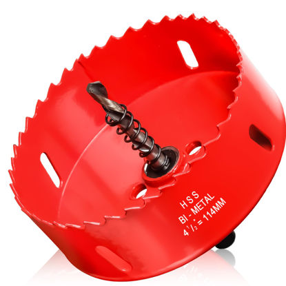 Picture of Hole Saw 4 1/2” (114mm) for Wood, HSS Bi-Metal Hole Cutter with Pilot Drill Bit for Recessed Lights, PVC Boards, Fiberglass and Vent Pipes
